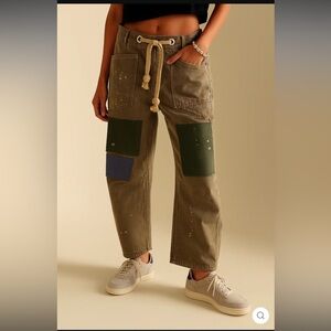 Boyfriend Patchwork Jeans in Olive with Rope Drawstring - Brand